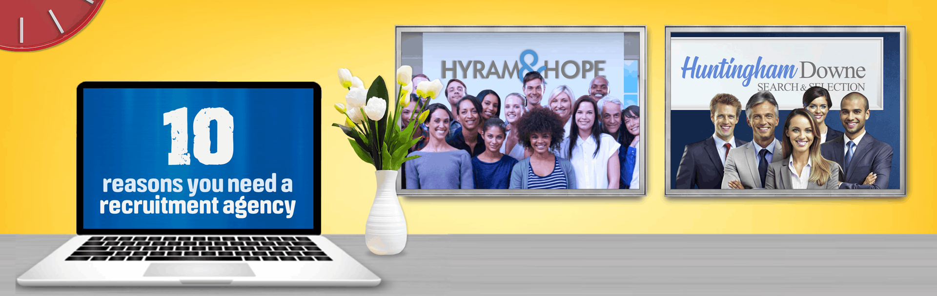 Laptop screen with the number 10, group photo, a vase with flowers, and another group photo.