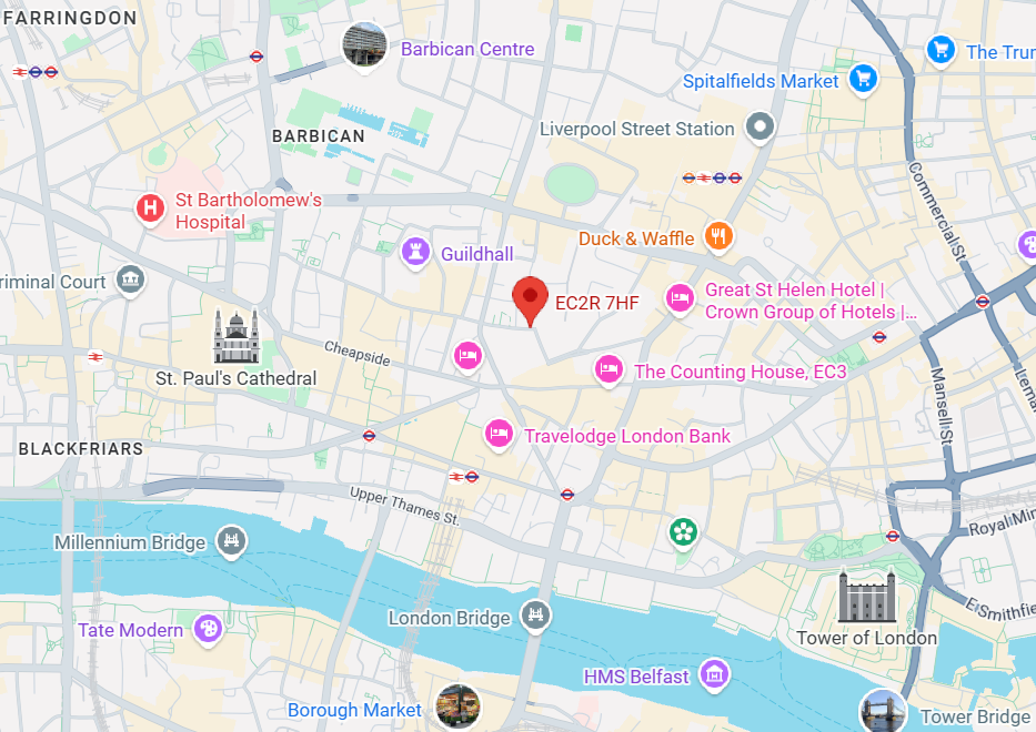 Map of London, showing a river with bridges, roads, and various points of interest marked with icons.