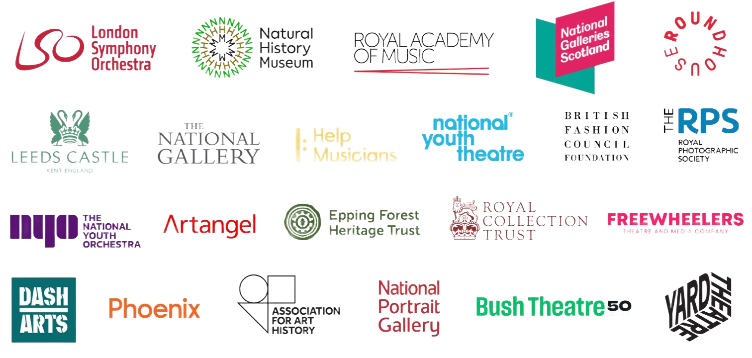 Logos of various cultural institutions, including National Gallery, Bush Theatre, and National Portrait Gallery.