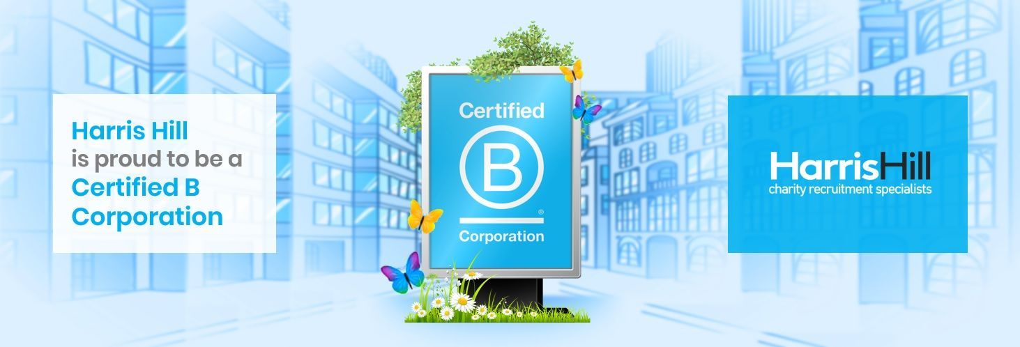 Harris Hill is a Certified B Corporation, shown with a logo of a stylized