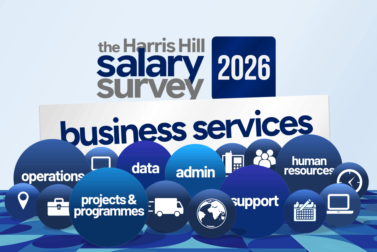 Harris Hill salary survey 2026 graphic with business services and blue role icons