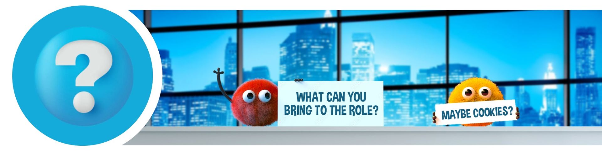 A blue question mark icon, and cartoon characters holding signs with questions.
