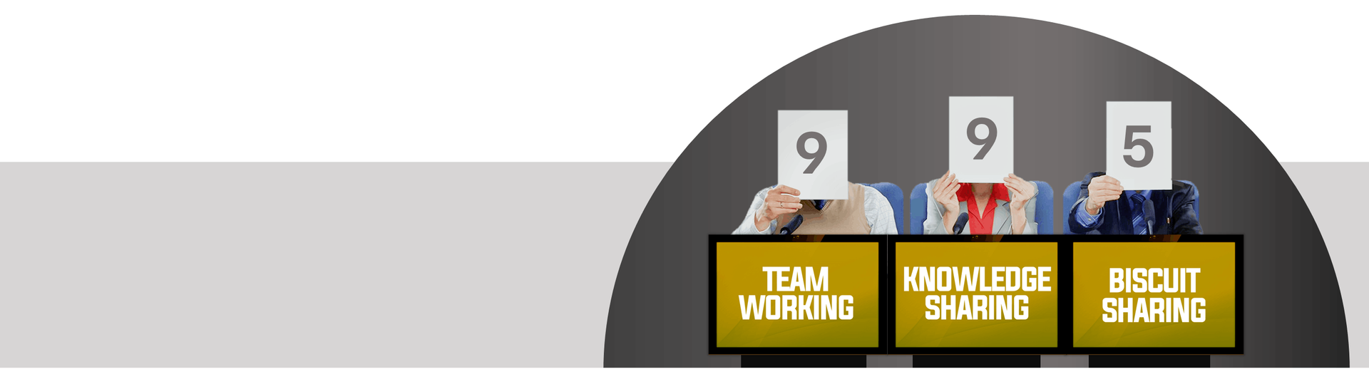 Three people holding cards with numbers: 9, 9, and 5. Below them are team names.