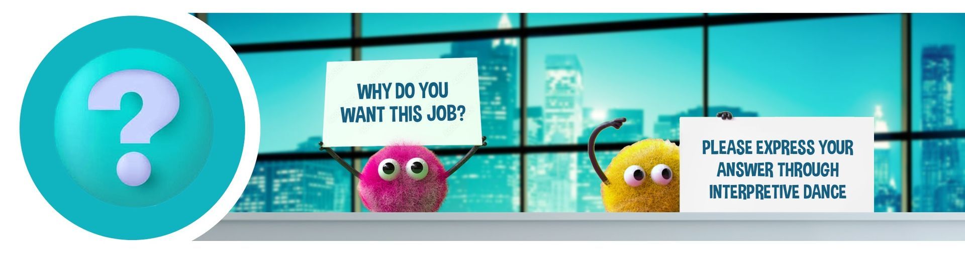 Teal question mark icon with animated characters holding signs, one says