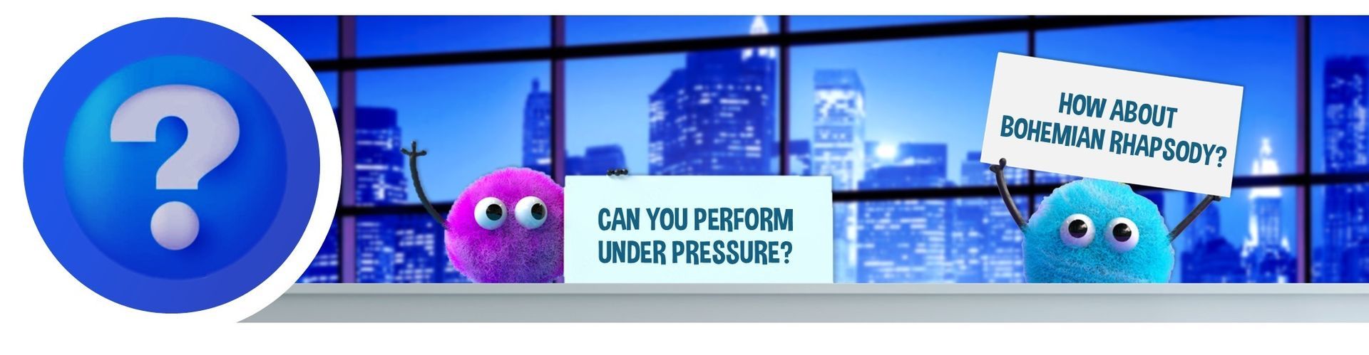 A blue question mark logo next to two fuzzy cartoon characters holding signs with text against a city backdrop.