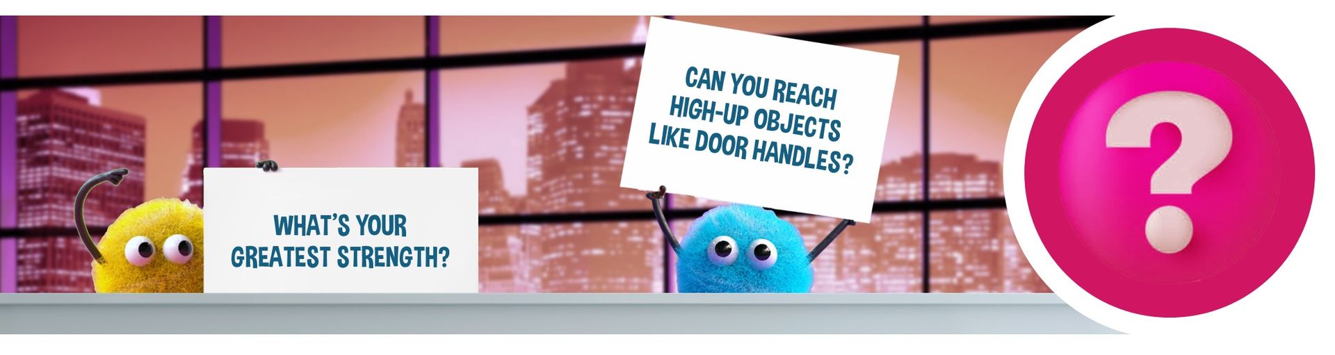 Two fluffy creatures hold signs with questions, cityscape backdrop, question mark.