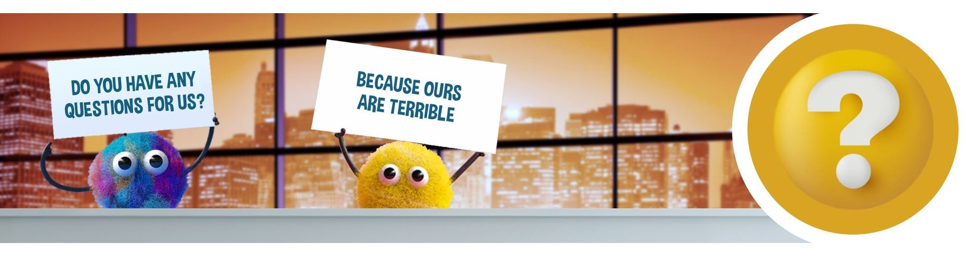 Two cartoon characters with signs asking for questions, cityscape background and a question mark.