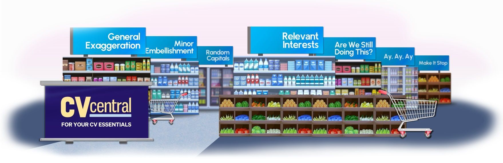 A supermarket with signs above aisles like 