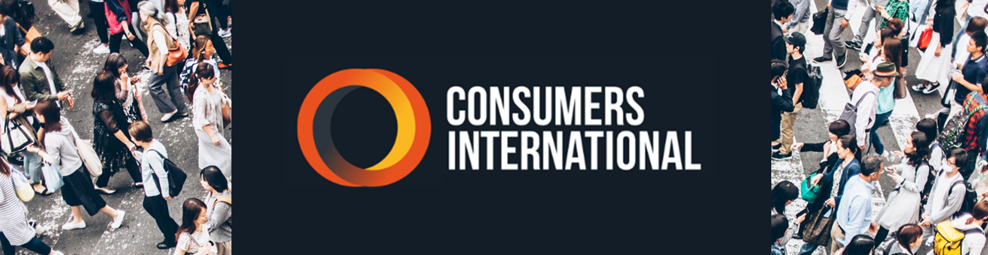 Logo of Consumers International with a crowd in the background. Orange and brown circle, white text on dark background.