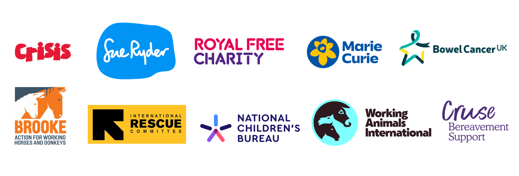 Logos of various charities, including Crisis, Sue Ryder, and Royal Free Charity.