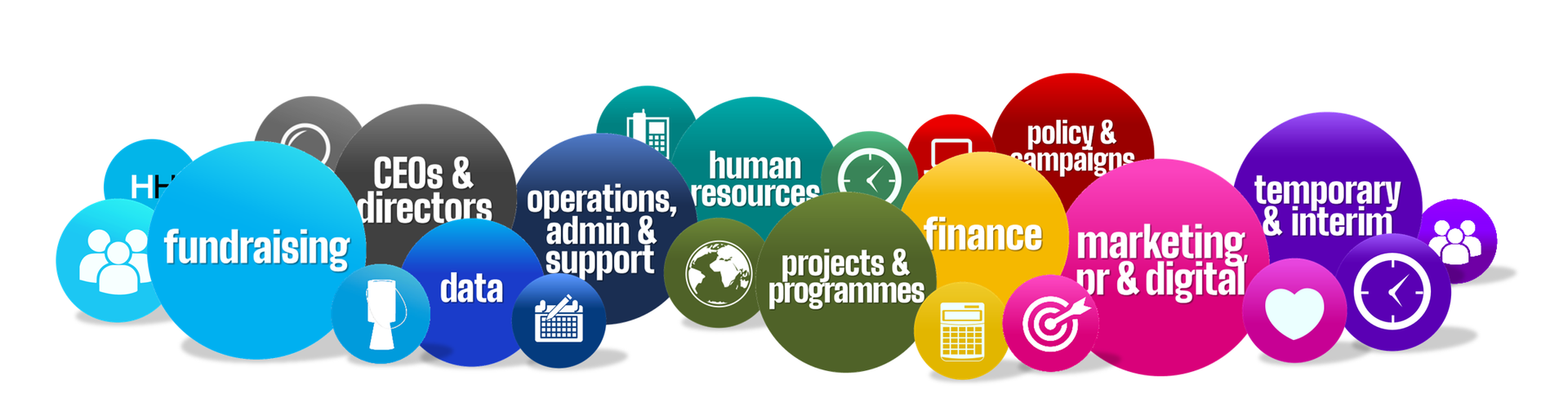 Colorful circles with text representing different fields, like fundraising, marketing, and finance.
