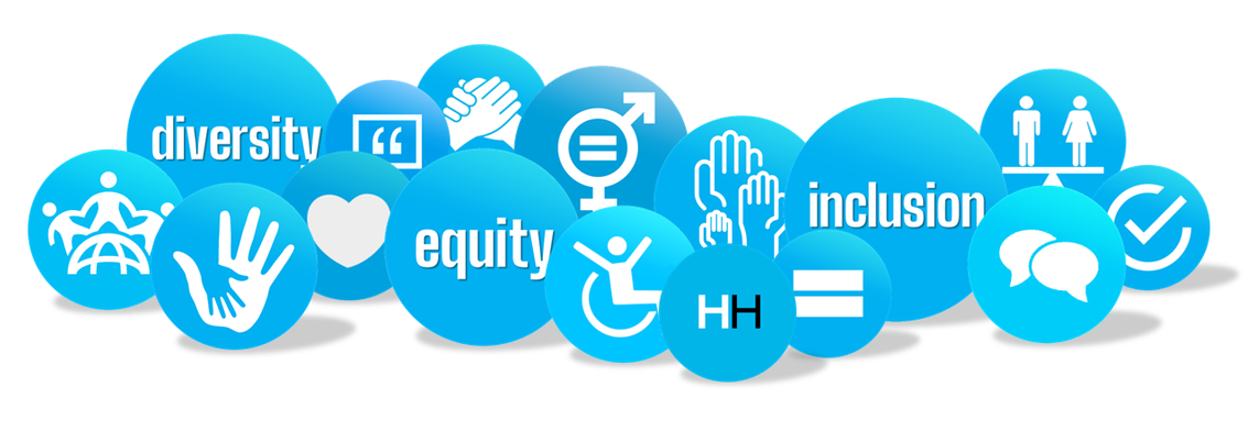 Blue spheres with white icons and text representing diversity, equity, and inclusion.