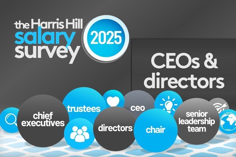 Harris Hill Salary Survey 2025. Graphic with words CEO, directors, trustees, chief executives, and senior leadership team.