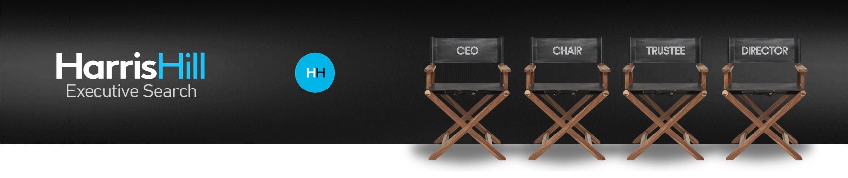 Logo with four director's chairs, each with a name, and HarrisHill Executive Search branding.