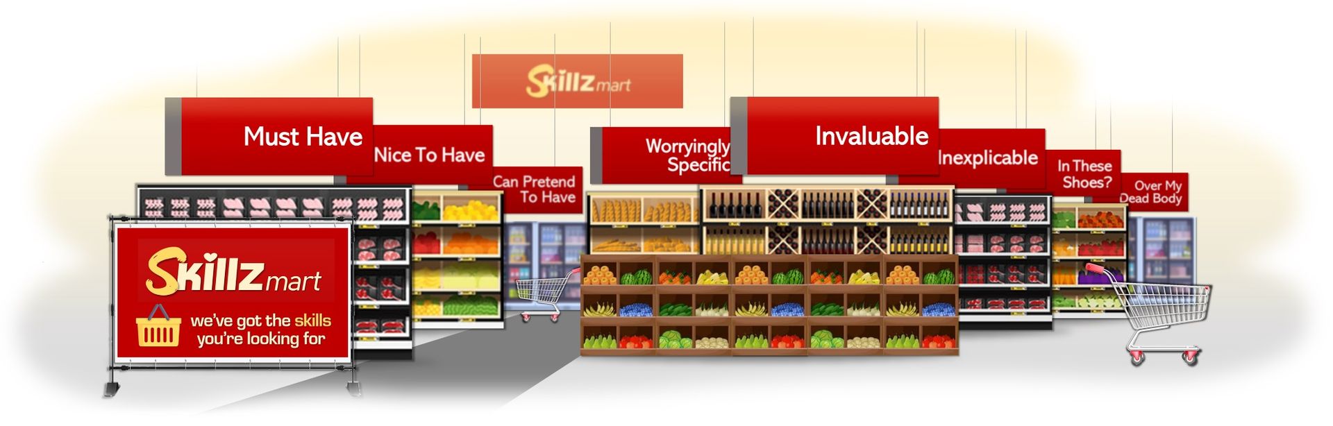 Illustration of a grocery store with shelves, signage, and a shopping cart; the Skillz logo is on a sign.