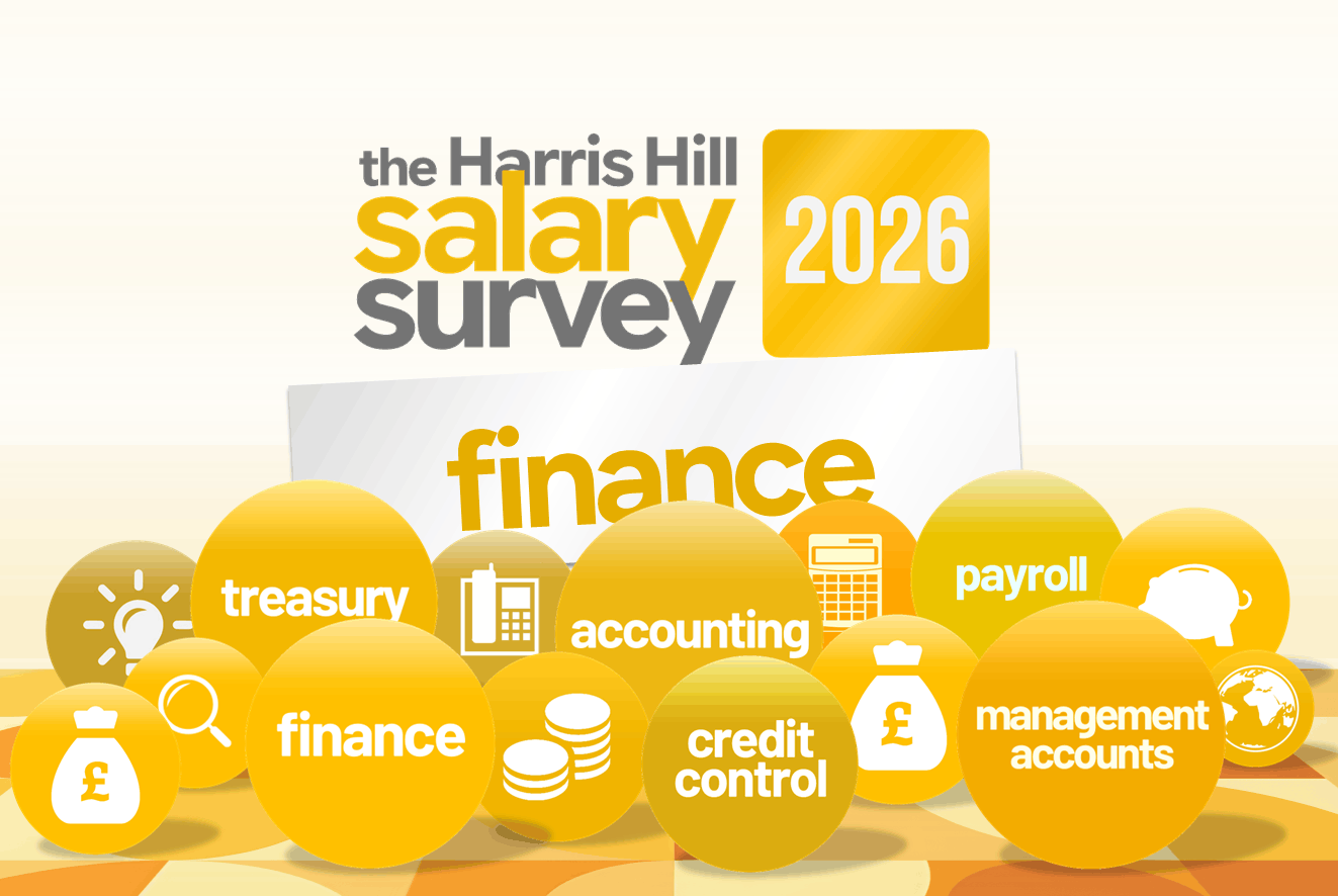 Harris Hill Salary Survey 2026 finance graphic with yellow circles for treasury, accounting, payroll, and finance roles