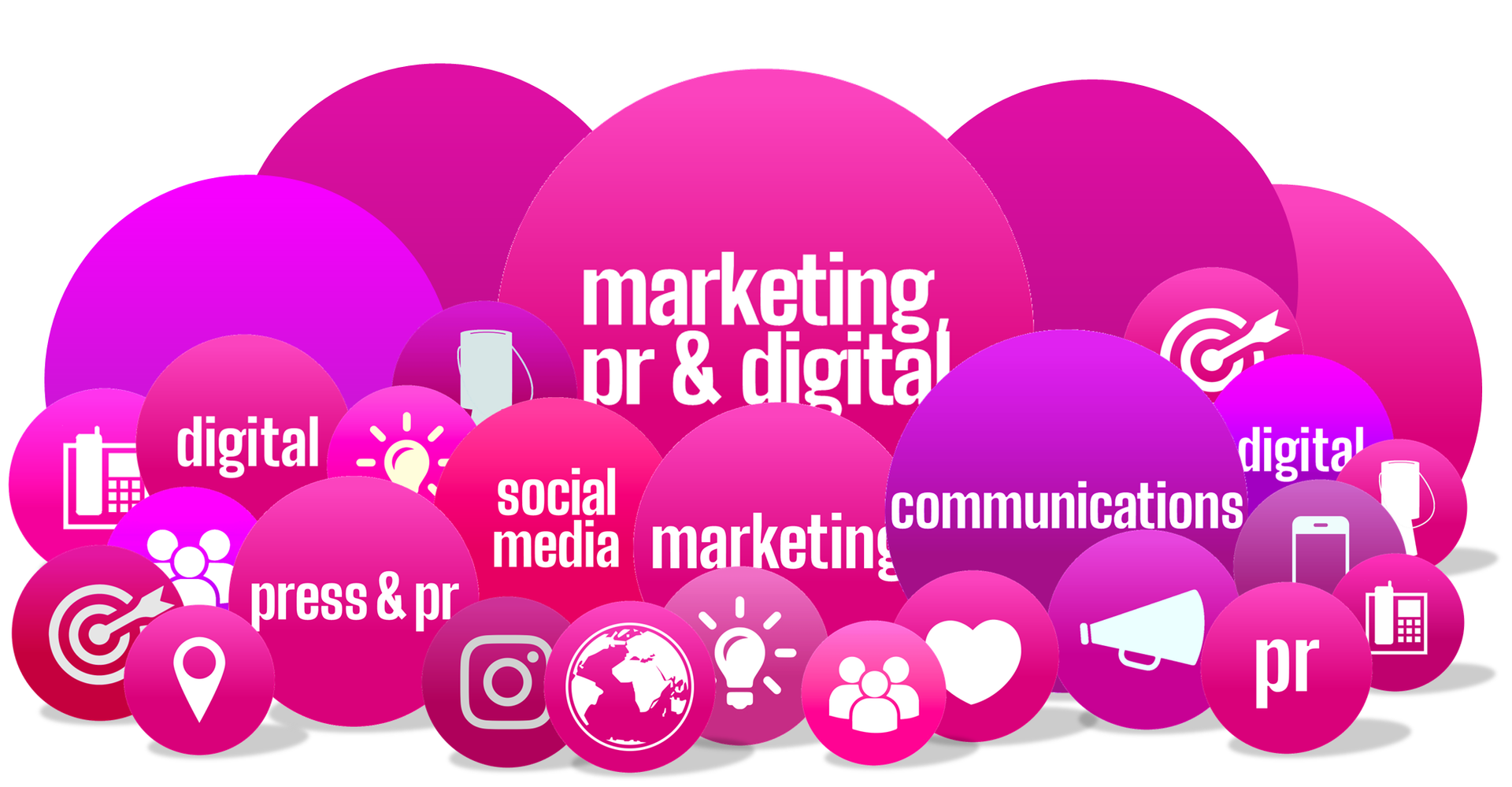 Pink and purple spheres with marketing, PR, and digital terms and icons.