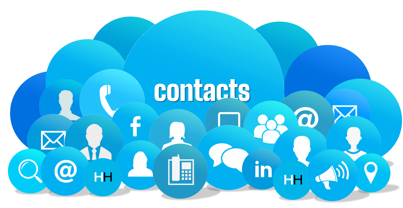 Blue bubbles with contact icons and the word