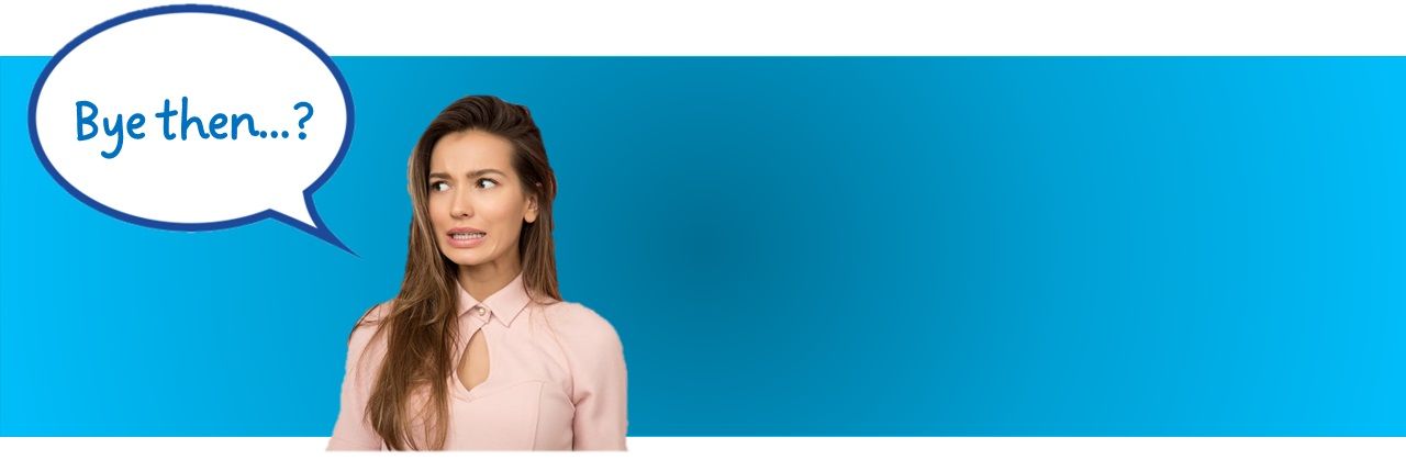 A woman looks confused as a speech bubble says, 