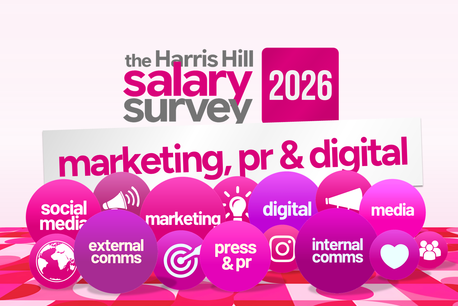 The Harris Hill salary survey 2026 cover, pink circles for marketing, PR, digital, social media and media roles