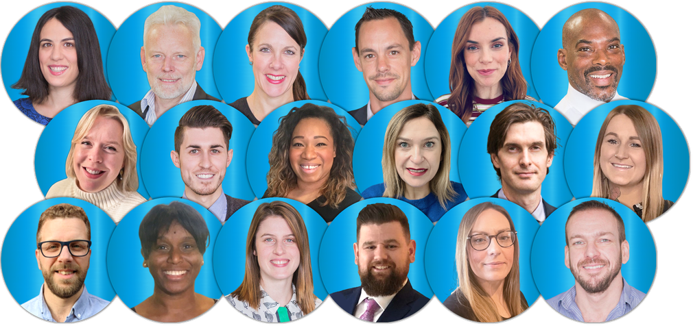 Portraits of 18 people inside blue circles, smiling with various backgrounds.
