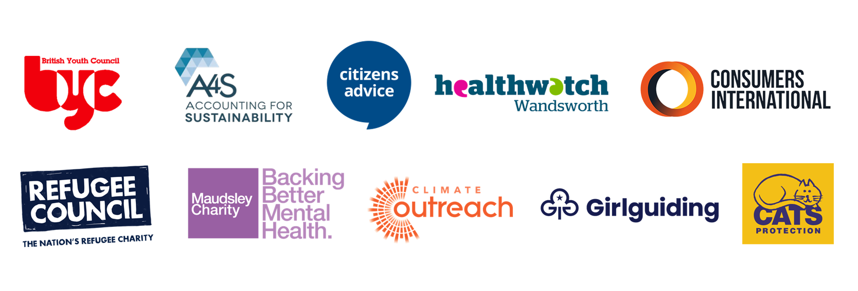 Logos of various organizations: TVC, AAS, Citizens Advice, Healthwatch, Consumers International, Refugee Council, and more.