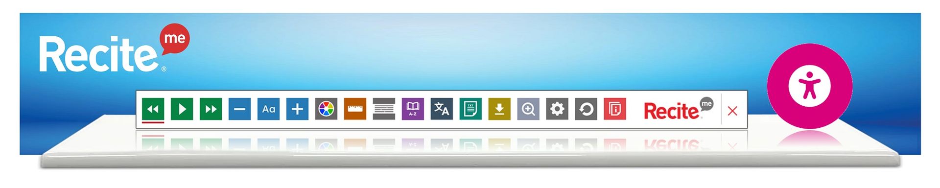 Recite toolbar with various buttons and a pink circle icon on a blue background.