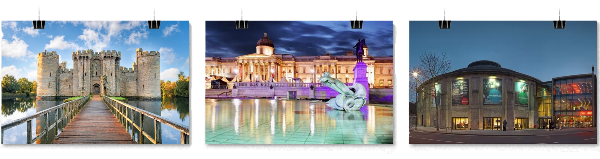 Three landscape photographs: castle with bridge, city skyline at night, building with colorful lights.