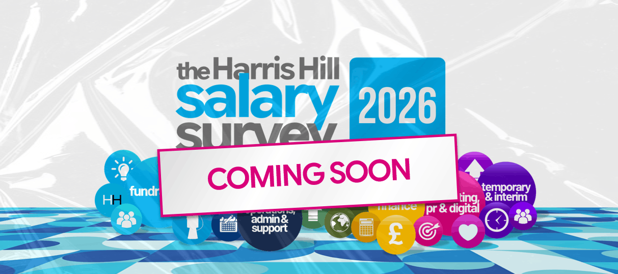 The Harris Hill Salary Survey 2025 graphic with colorful circles and text highlighting various charity and non-profit roles.