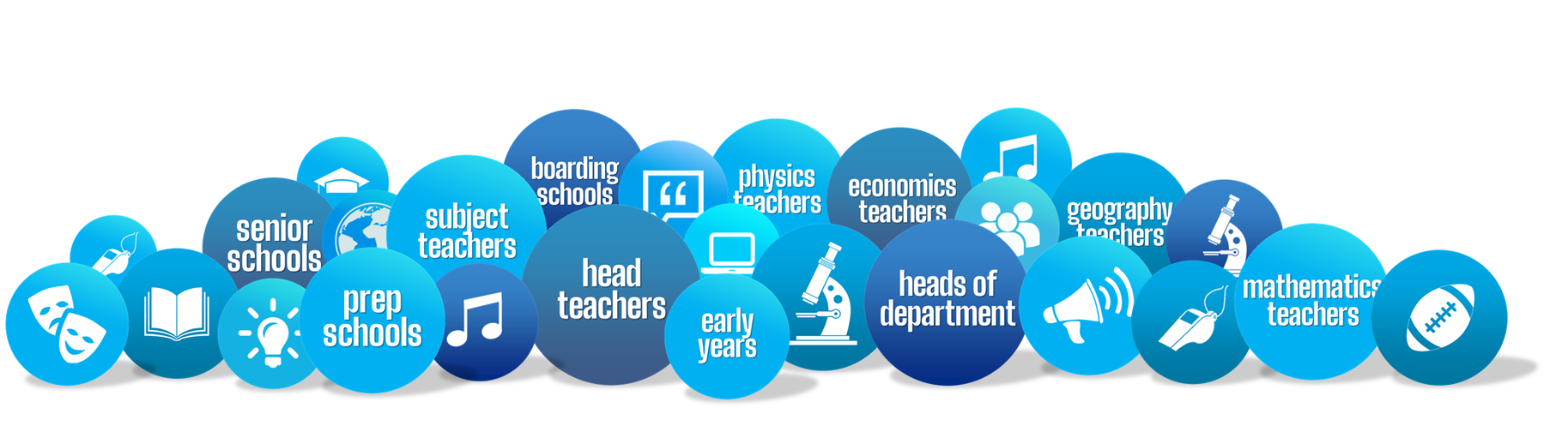 Blue circles with icons and text about education topics.