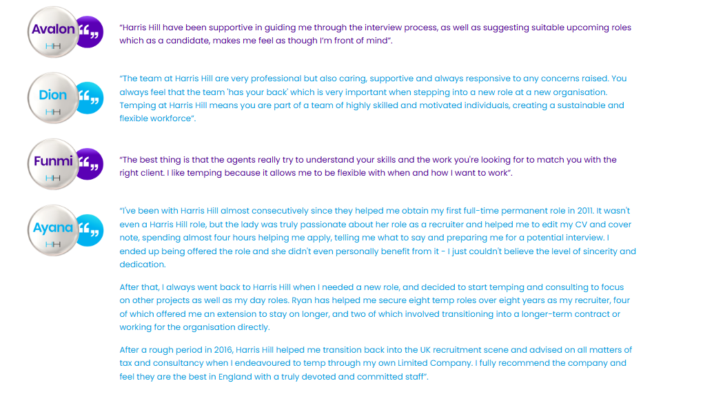 Testimonials with company logos and quotes about the company’s services.