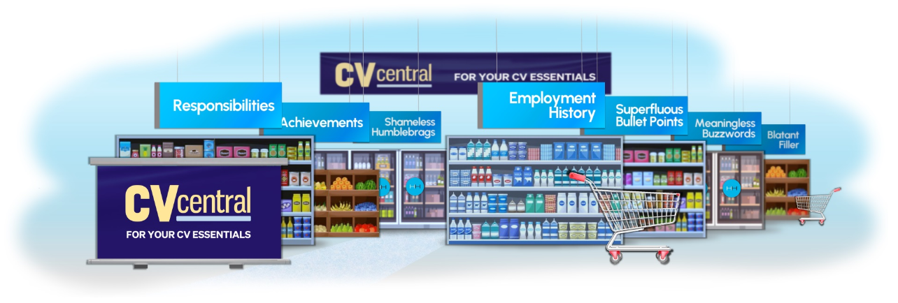CV Central grocery store illustration with shelves, shopping cart, and signs for job-related services.