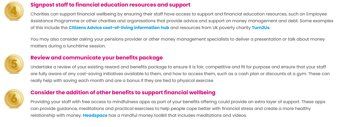 Text with the title and three key points about finance education, communication, and wellbeing.