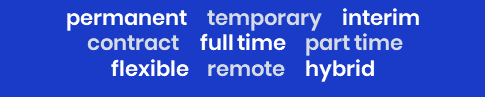 Job types in white text on blue: permanent, temporary, interim, contract, full time, part time, flexible, remote, hybrid.
