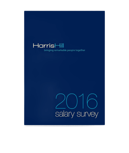 Dark blue cover of the 2016 Salary Survey by Harris Hill. Strapline of logo reads