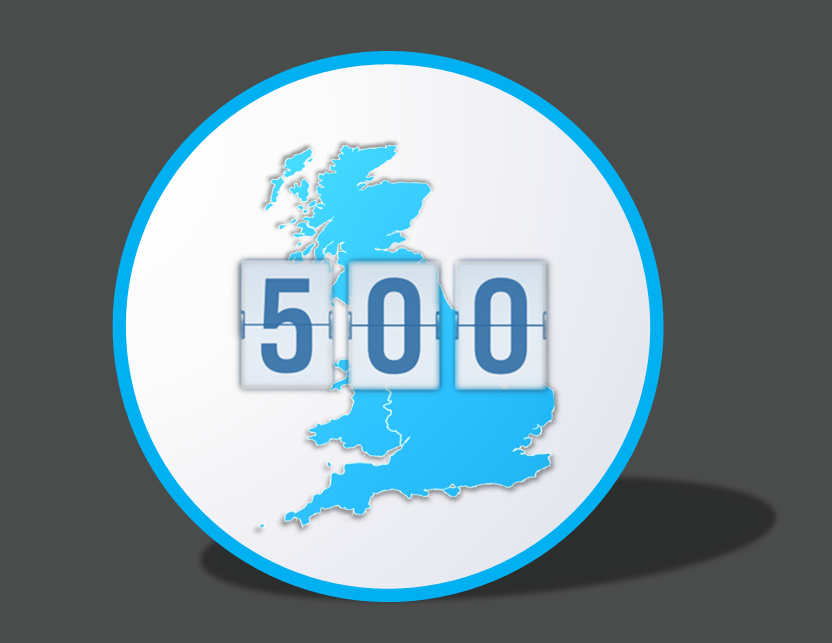 A blue map of Great Britain with the number 500 in a white and blue circular badge.