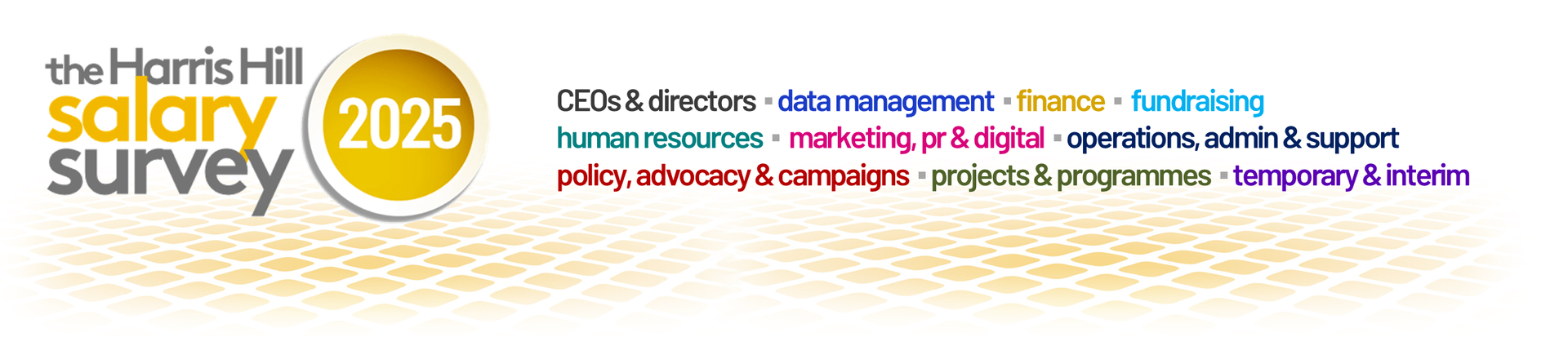 Logo for the Harris Hill Salary Survey 2025 with job sectors listed in multiple colors.
