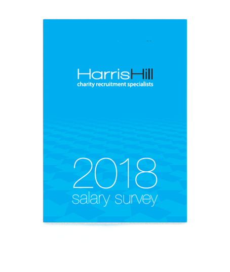 Blue cover of Harris Hill 2018 salary survey; charity recruitment specialists.