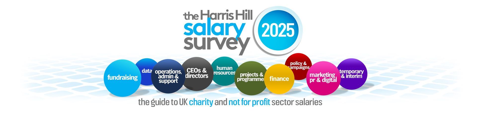 The Harris Hill Salary Survey 2025 logo: colorful circles with text representing UK charity and non-profit sector salaries.