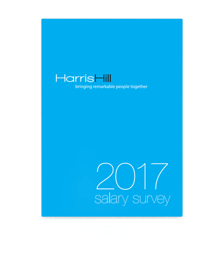 Blue cover of Harris Hill 2017 Salary Survey. Text reads “Bringing remarkable people together.” “2017 salary survey.”