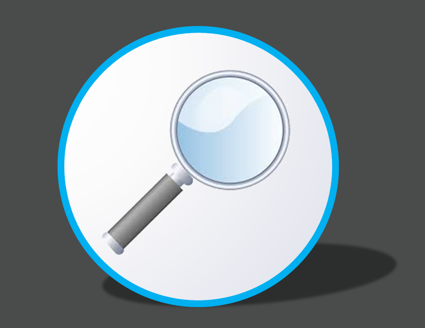 Magnifying glass icon inside a white circle with a blue outline, shadow on gray background.