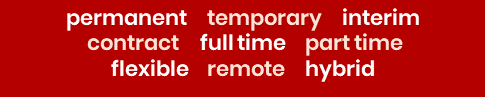 Job types: permanent, temporary, interim, contract, full-time, part-time, flexible, remote, hybrid, white text on red.