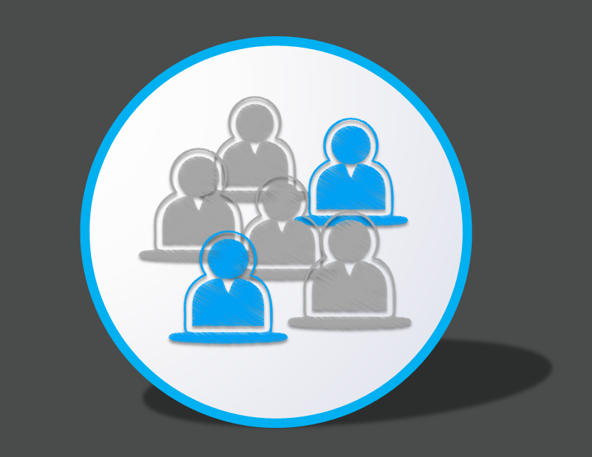 Group of people icons, two blue, four gray, in a white circle with a blue outline.