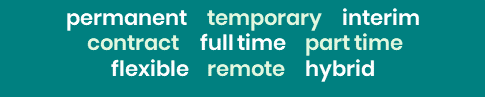 Job type options: permanent, temporary, interim, contract, full time, part time, flexible, remote, hybrid.
