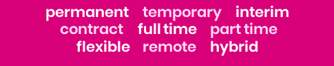 Words describing job types: permanent, temporary, interim, contract, full time, part time, flexible, remote, hybrid.