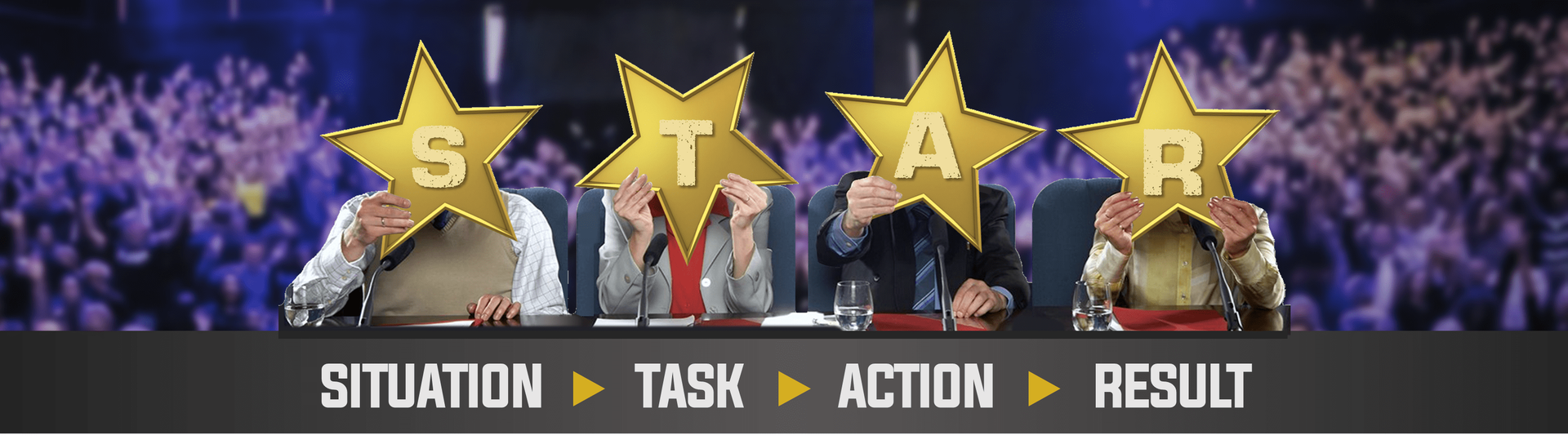People holding gold stars that spell STAR, each representing a step of the STAR method for answering interview questions.