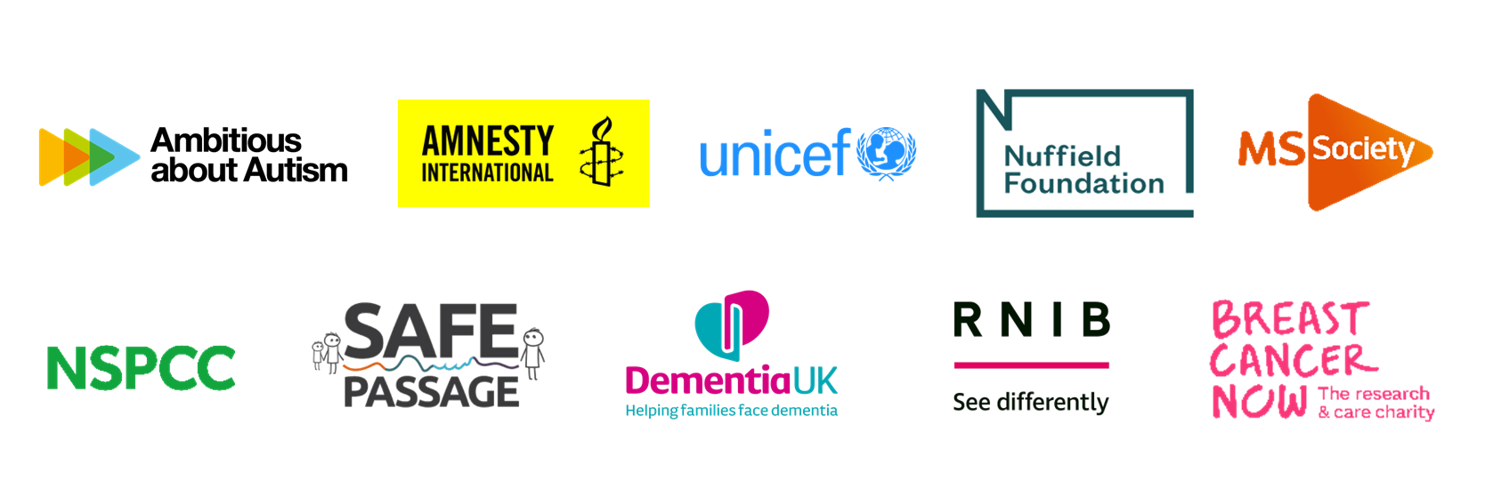 Logos of charities, including Amnesty International, UNICEF, NSPCC, and Breast Cancer Now.