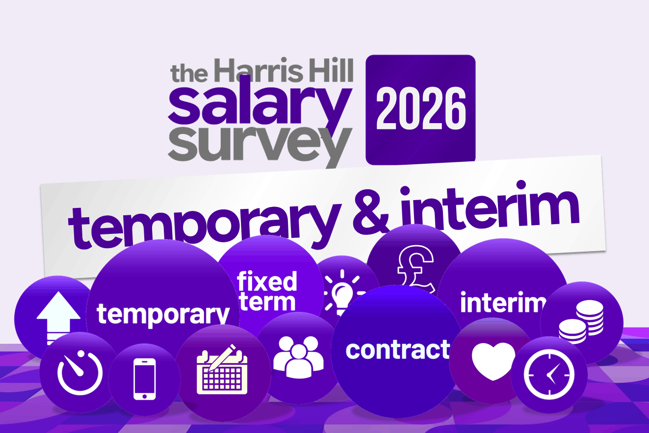 Harris Hill salary survey 2026 graphic for temporary, fixed-term, contract and interim jobs in purple icons