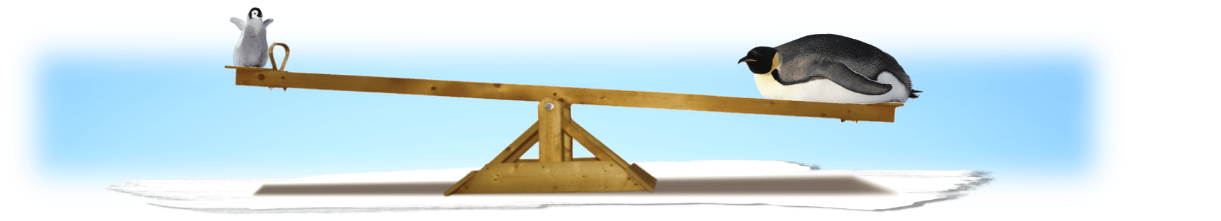 A mouse and a bird balance on a seesaw. The mouse is on the left; the bird on the right. Blue sky background.