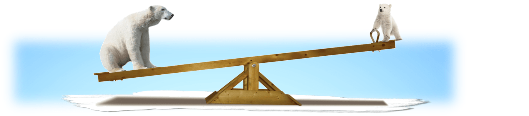 Two polar bears on a seesaw. One large bear is down, and a small bear is up. Blue sky.